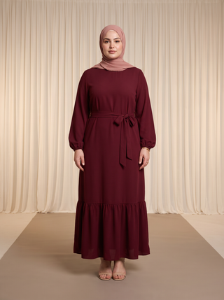Bordo belden kuşaklı ayrobin elbise ön