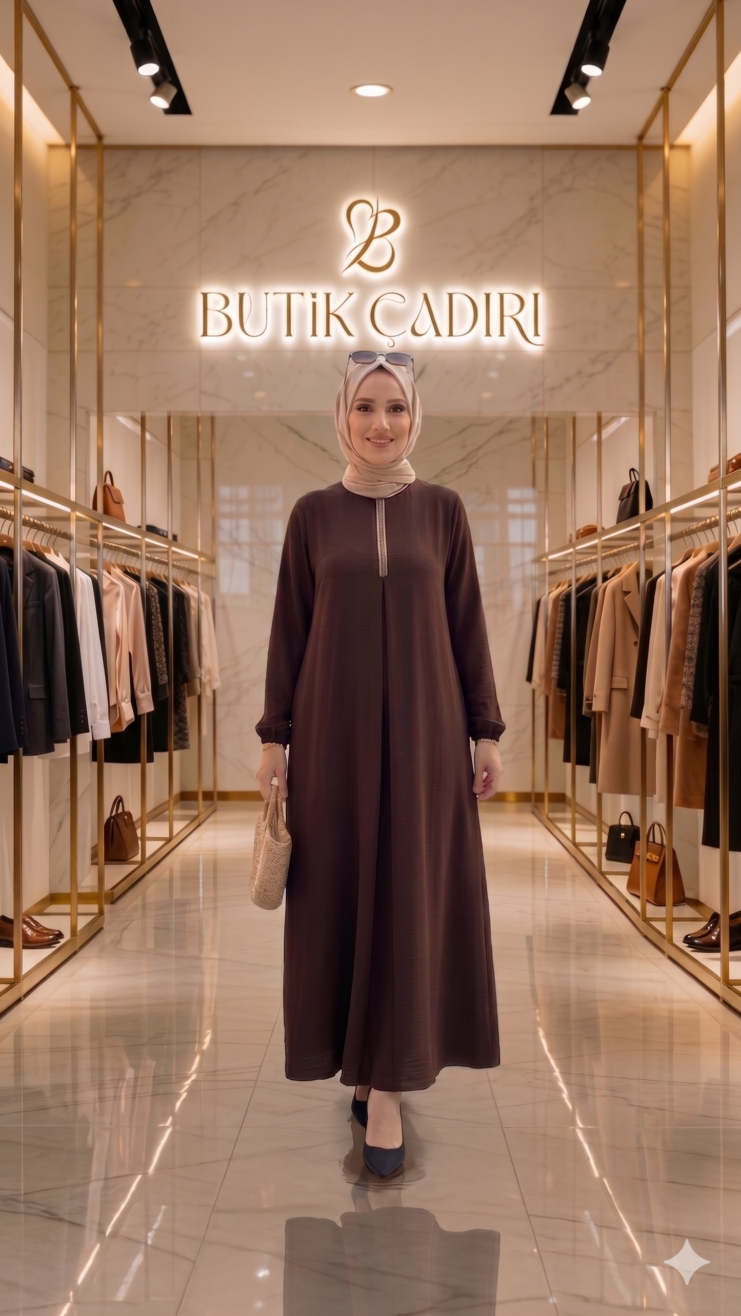Taşlı Elbise - Kahverengi